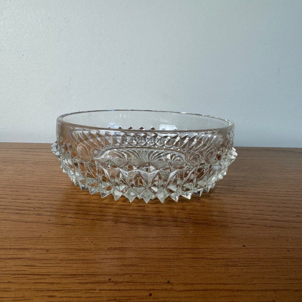 Heavy Clear Glass Candy Dish Decorative Faceted Crystal Style Round